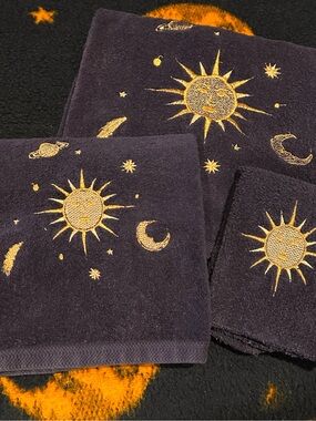 Vintage 90s Celestial Bathroom Towel 3 Piece Set Whimsigoth Sun Moon Decor USA